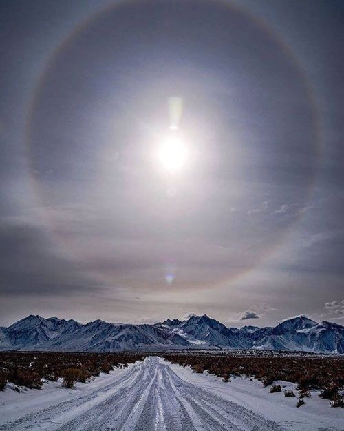 ~Top photo~ A sun halo hovers over the Sierra Nevada Mountains in Long Valley Caldera, Calif. (Photo