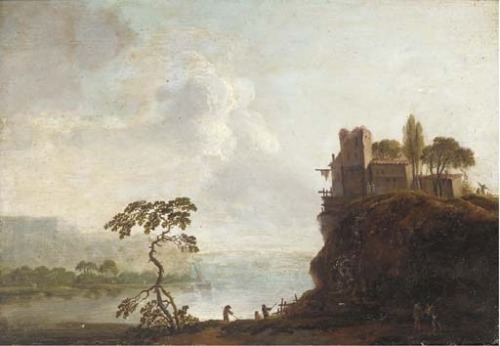 Christian Hilfgott BrandA river landscape with a hilltop village and anglers in the foreground