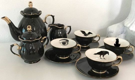 Black & Gold Bat/Cat/Crow/Eye Tea Set Get it here: