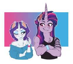 earthsong9405:  Haha woops I’m still trash. :) During today’s stream I had some time to doodle some RariTwi. The folks originally just asked for short-haired Rarity but then I doodled Twi, and then it became RariTwi because of course it does. The