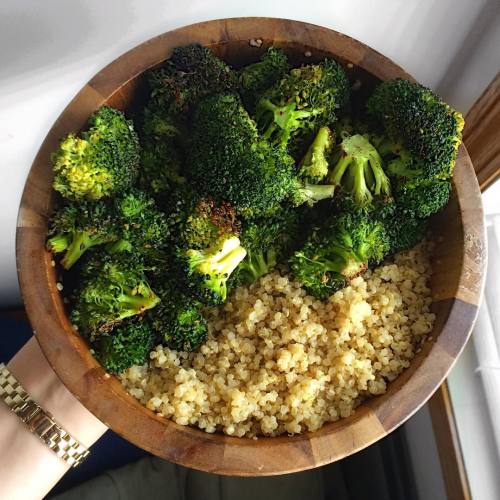 kaleeats:  baked broccoli & organic quinoa for lunch while I wait 11 more hours for my dough to 