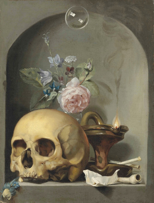 clawmarks:A skull, roses, a carnation and other flowers, pipes, an oil lamp and a bubble in a stone 
