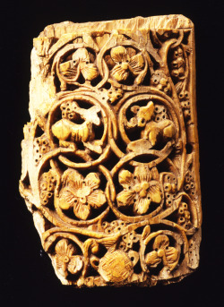 virtual-artifacts:  Fragmentary plaque, carved ivoryEgypt or Syria; 1st half of 8th centuryH: 11.5; W: 8 cmThe ivory plaque was probably mounted with similar ones as a decoration on a piece of furniture. The plaque’s vines, which grow from a little