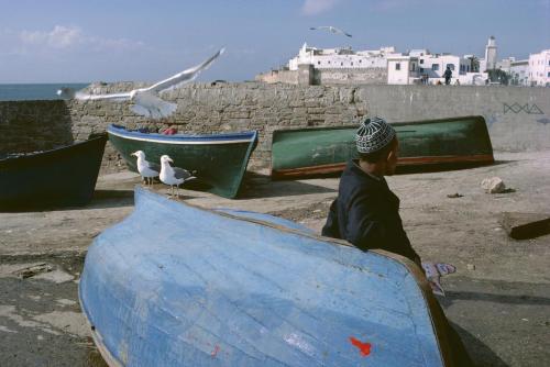 morobook:Morocco. Town of Essaouira. Fishing harbour. In the background, the rests of a fort built d