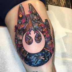 neotattooart:  Millennium Falcon and Rebel Alliance Starbird logo tattoo on the left thigh. Tattoo artist: Andrew Marsh · Little Andy