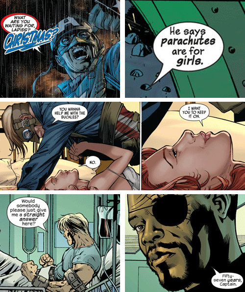 elisedelasarah:Sarah’s list of Marvel characters: 1610 Steve Rogers- “You son of a bitch…that was cheating….” - “No, that was tactics.” 