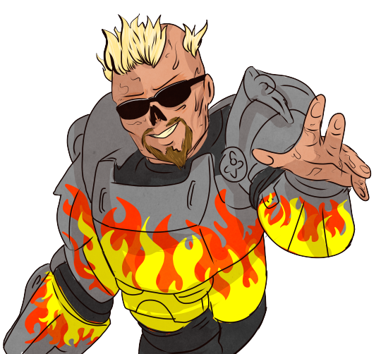 schmault-tec:  siderealsandman:  I had a dream Guy Fieri survived the nuclear apocalypse as a ghoul and roamed the world in a suit of flaming red power armor looking for the wasteland’s greatest diners drive ins and dives      