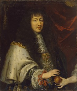 history-of-fashion:17th c Style of Pierre Mignard I - Half-length Portrait of Louis XIV