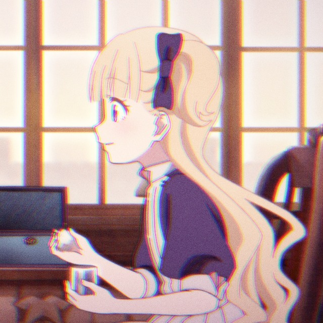 3. an icon of emilico from shadows house anime. she leans forward in her chair and her profile looks left at kate. she has a small smile and holds make up in her hand.