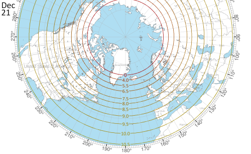 mapsontheweb:Length of day on the winter solstice in the northern hemisphere. An animation for the w