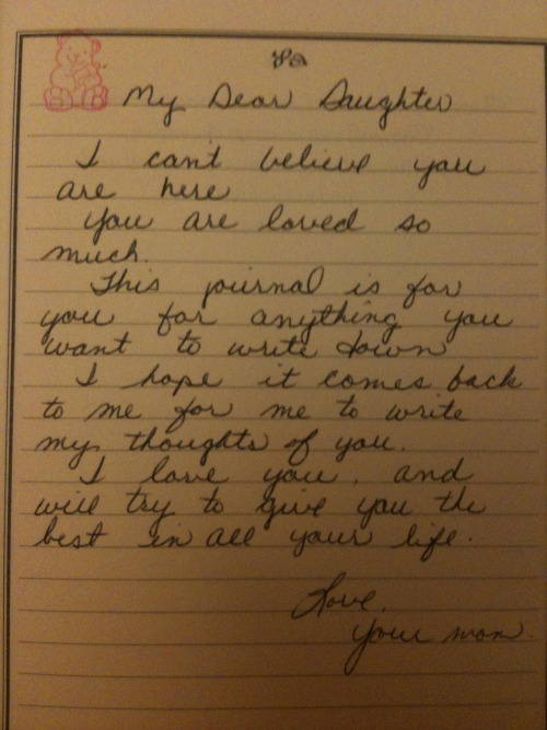 uh-lecks-uh:  When I was thirteen, my mom and I were in a car accident. She suffered terrible brain trauma and passed away January 22nd, 2008. On October 6th of that same year, what would have been her 40th birthday, I found a letter she had written to