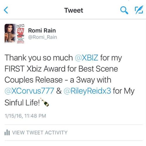 I won my first #XBiz award tonight for a scene in a feature movie I starred in, so that’s pret