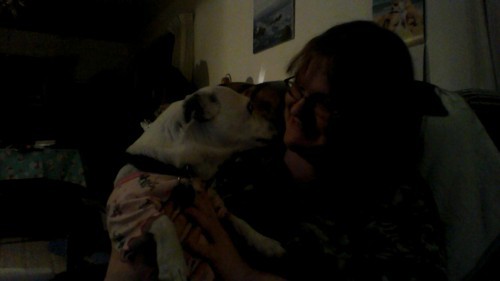   An attempt to get a decent pic of myself and Molly, the small dog we adopted in late Feb/early March. Sorry for it being dark…it’s 10 something at night and we have one small ceiling light in the living room and two lamps. It’s not