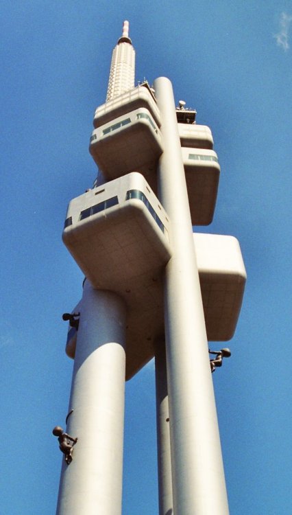inthenoosphere:Žižkov Television Tower, Prague, completed in 1992, designed by the architect Václav Aulický and the structural engineer Jiří Kozák (via Wikipedia)“In 2000, ten fiberglass sculptures by Czech artist David Černý called “Miminka”