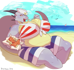dragondeviant:  dieselbrain:  a commission for Talash Grey for their dragon-girl Talash eating fish and chips on the beach   