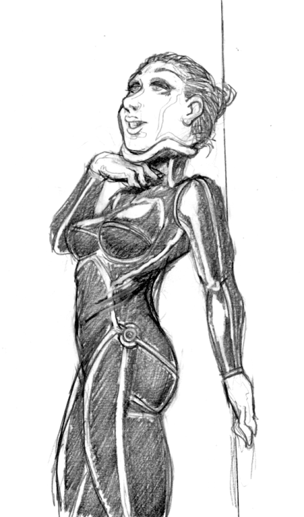 mechapuffin:Sketch from friday.Lady enjoying the cling of latex. Have a hip vacuum valve to shrink t