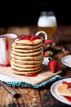 deliciousanddivine:  hoardingrecipes:    Cream Cheese Beer Pancakes with Strawberry Saison Syrup  Interesting