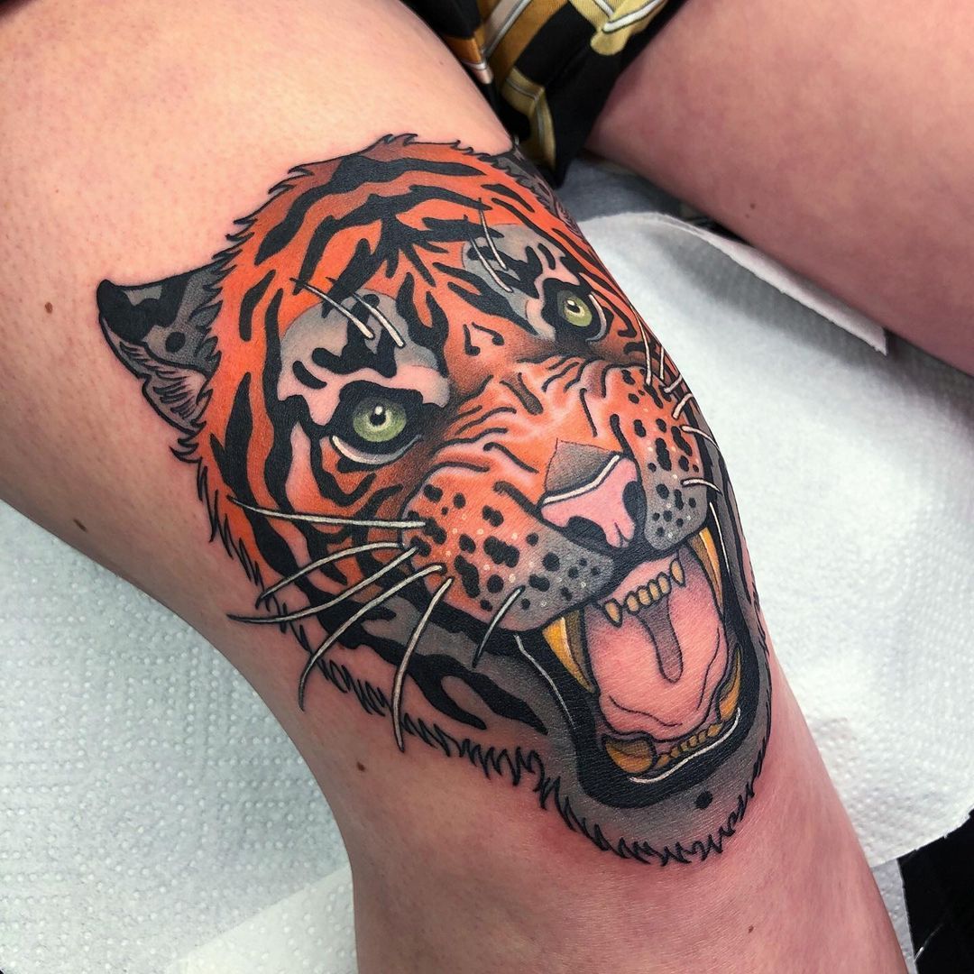 All the Piercings and Body Mods! — Tiger knee tattoo by selinactattoo.  Follow them on...