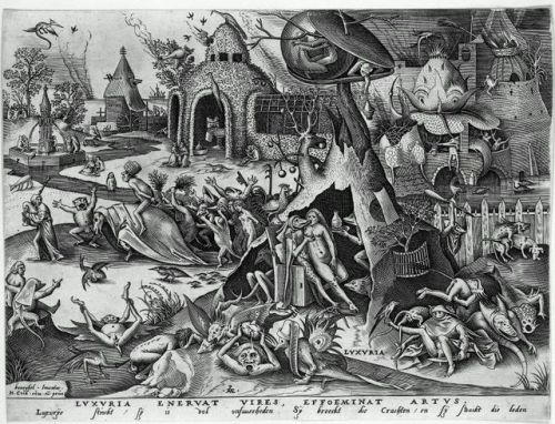 artist-bruegel:Lust, 1558, Pieter Bruegel the ElderSize: 30.2x22.5 cmMedium: engraving, etching, pap