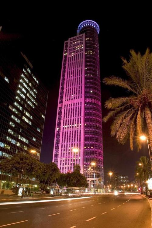 eretzyisrael: Aviv tower in Ramat Gan..  illuminated in pink for the Breast Cancer Awareness Month.