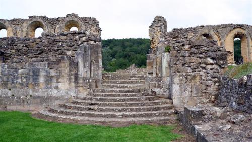 Stepping up at Byland Abbey, North Yorkshire, England.