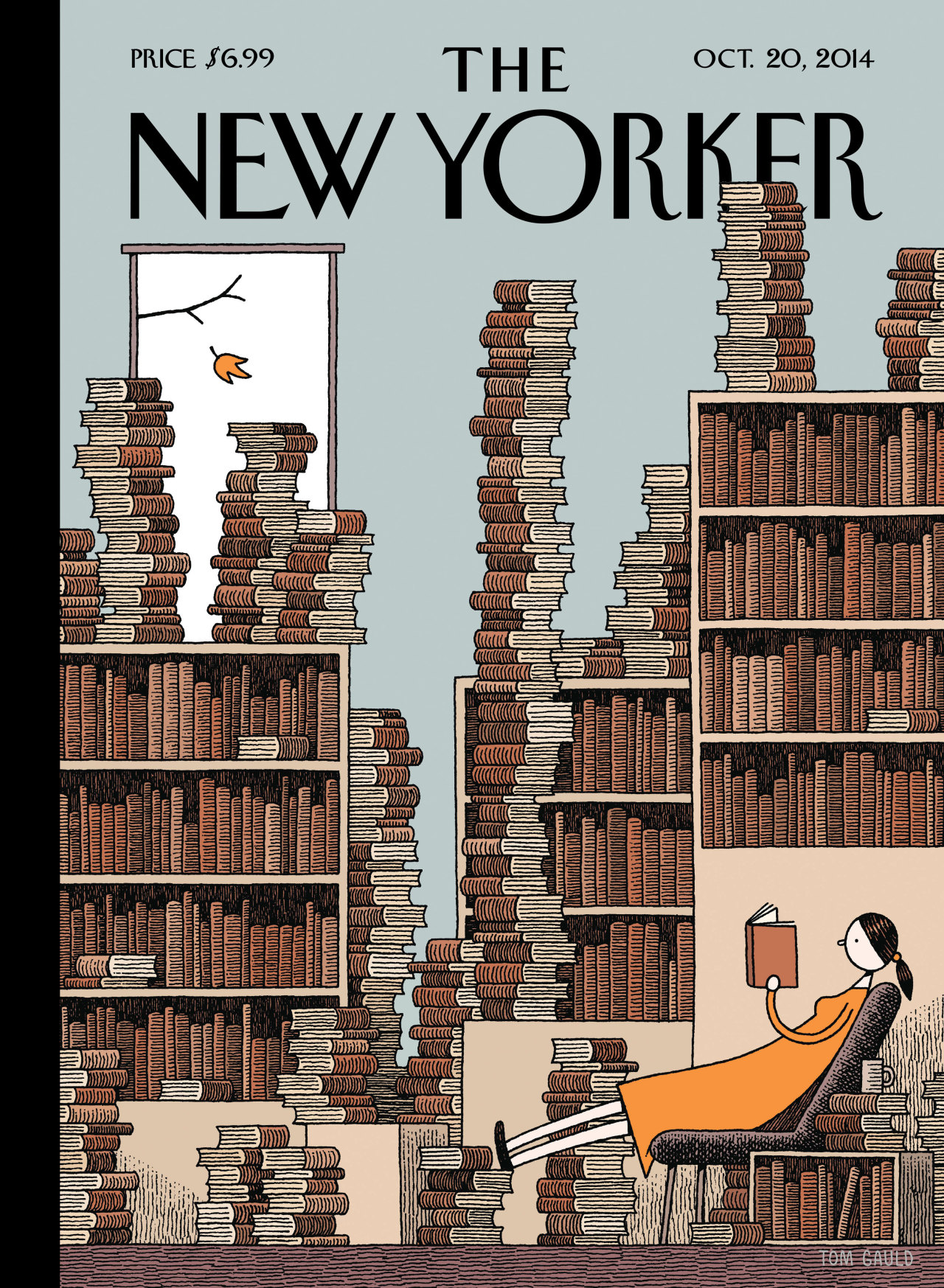 Fall Library, The New Yorker, October 20, 2014. Tom Gauld.
When Tom Gauld sent the first sketch for this cover, “Fall Library,” the magazine staff discussed a variant where the woman was holding an electronic-book reader. “But I decided against the...