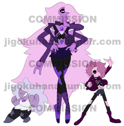 jigokuhana:  Commission for @partcfyouruniverse, of their Pearl OC, Amethyst &amp; their Opal fusion.Note: I will only post commission pictures (sized down + watermarked) with your permission after the commission is completed. So no worries if you don’t