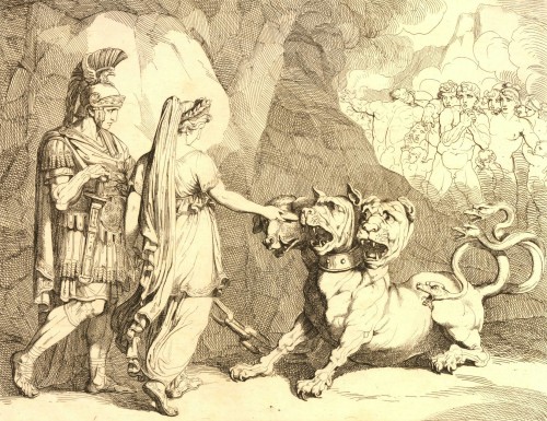 Aeneas and the Cumean Sybil Feeding a Cake to Cerberus, from the series Aeneid by Bartolommeo Pinell