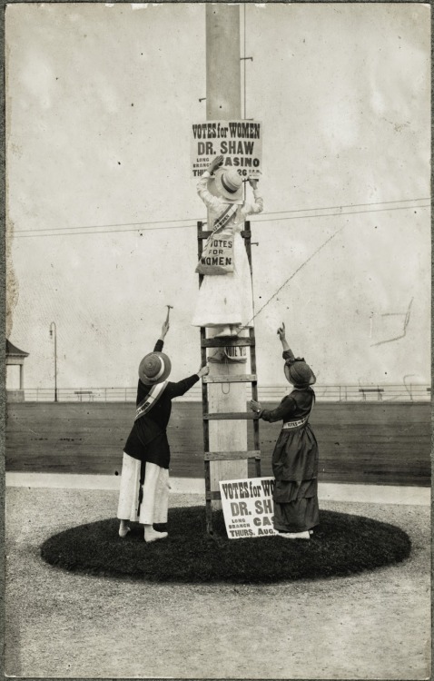 Votes for Women, Long Branch, New Jersey, 1915. Putting up posters for a Speech by Doctor Anna Howar