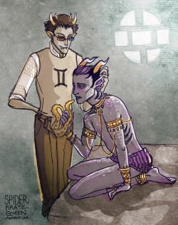 spiderpiratequeen:  Just finished reading homestuck up to the current, have some erisol in celebration.  They might possibly be roleplaying some sort of courtesan x customer scenerio, hmmmm.  X3