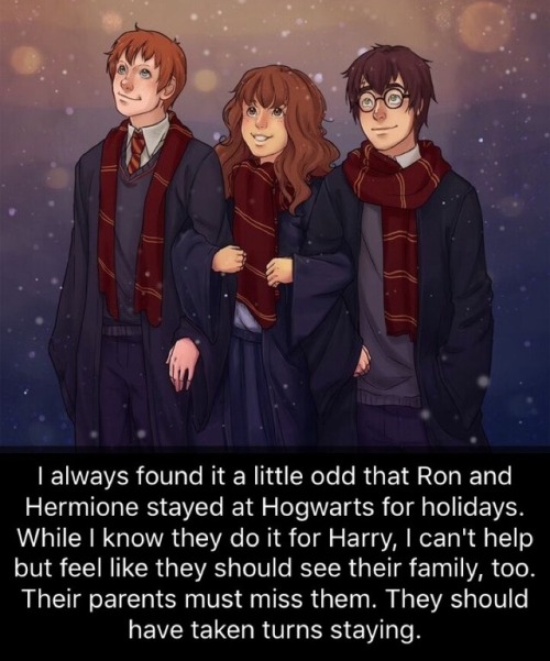 mrskaaay:harrypotterconfessions:I always found it a little odd that Ron and Hermione stayed at Hogwa