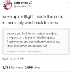 sunnysundown:reblog to keep cotton eyed joe sealed away