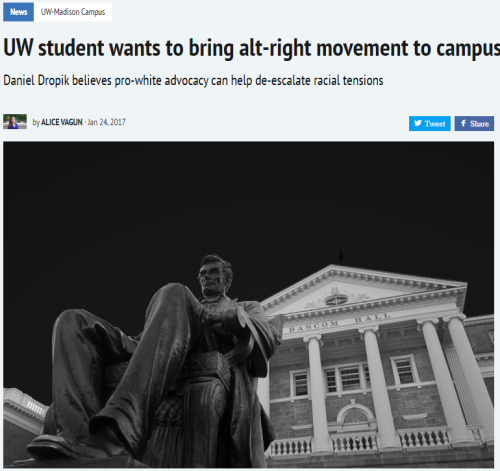 lagonegirl:    Madison student convicted in racial arsons starting pro-white group   A University Wisconsin-Madison student who is trying to start a white nationalist  movement on campus previously served time in a federal prison, according to court