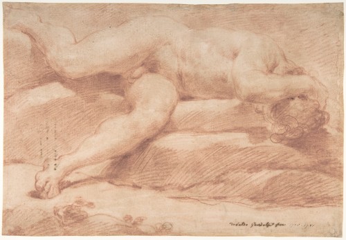 Reclining Male NudeUbaldo Gandolfi (Italian; 1728–1781)18th centuryRed chalk, highlighted with white