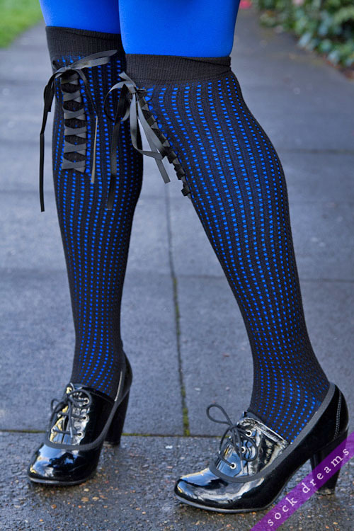 sockdreams:Pointelle OTK with Lace Up Front by K Bell!The lacing is just for show, but the little ri
