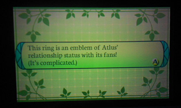 Atlus’ relationship status with fans This message (posted by Coney Island Disco Palace) comes up when you register one of the many QR codes distributed for Etrian Odyssey IV – if Atlus planned it right, the publisher would have released this through...