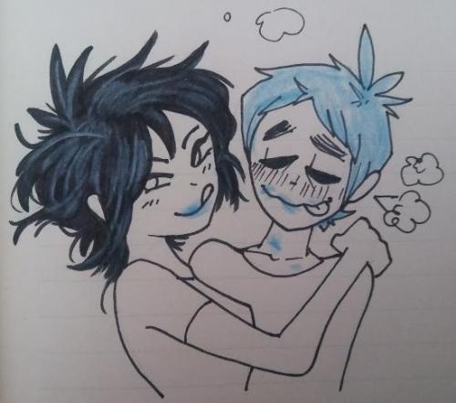 Noodle kissing 2D, both in black lipstick and blue lipstick. 