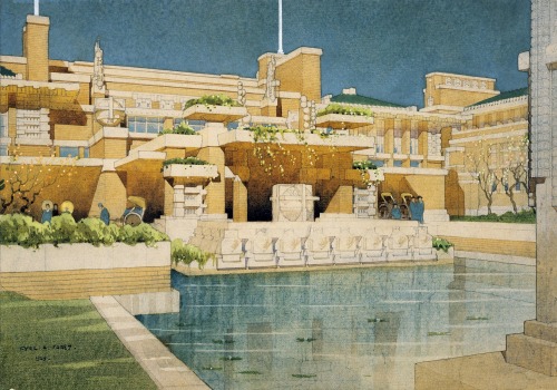 Drawing of the Imperial Hotel (designed by Frank Lloyd Wright)by Cyril Arthur Farey, Tokyo, 1929