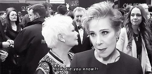 happymathilda:The moment Dame Judi Dench photobombs Zoë Wanamaker at the Olivier Awards during a red