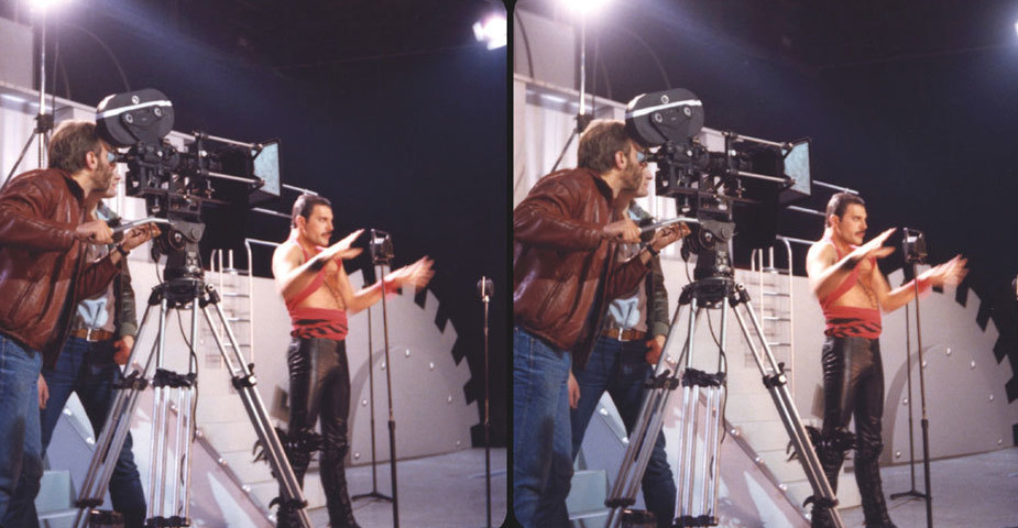 QUEEN — Freddie Mercury during the shooting of Radio Gaga...