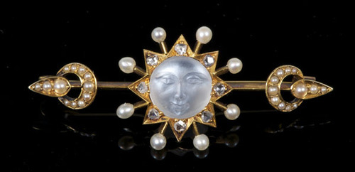 highvictoriana:Unusual Victorian moonstone diamond and seed pearl bar brooch with central carved moo