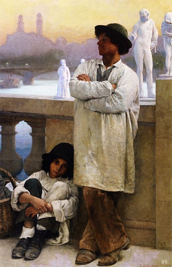 Young sculptors on a bridge in Paris. the old Trocadero in the distance. 1888. oil