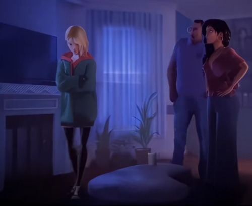 Gwen In Miles‘ Jacket.