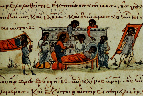 The healing of the man Sick of the Palsy. 11th century miniature in the Gospel. Lurentian Library, F