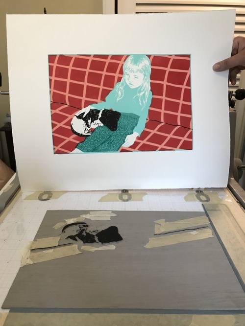 Process pics: layering all 5 blocks to create my linocut, “A Day I Don’t Remember”