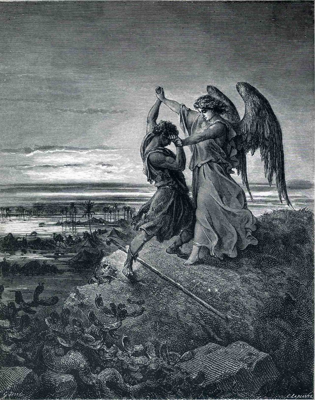nigra-lux:  DORÉ, Gustave (1832-1883) Jacob Wrestling with the Angel1886Engraving