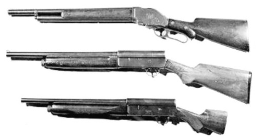 coffeeandspentbrass:  wctruitt:  Some of the various firearms used by the Barrow Gang.  From top: Clyde’s 1918 B.A.R.; Model 1887 10 gauge “riot gun; Remington Model 11 “sawed-off”; Bonnie’s Remington “Whipit” gun; Frank Hamer’s Colt