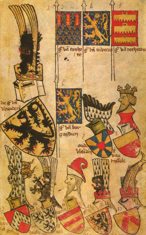 Page out of the Armorial Gelre, showing several arms of Belgian provinces and Flandres. Folio 80r de