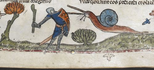 curdlemilkstealbabies:  prettykikimora:  alien-boobs:  prettykikimora:  apparently modern medieval scholars have no solid idea why there’s so many old paintings of knights fighting snails.  Like that wasn’t just one weird painting there’s hundreds