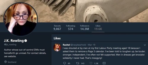 lord-armitage: retr0shock: scarcity-of-cats: ayeforscotland: JK Rowling openly liking a TERF’s